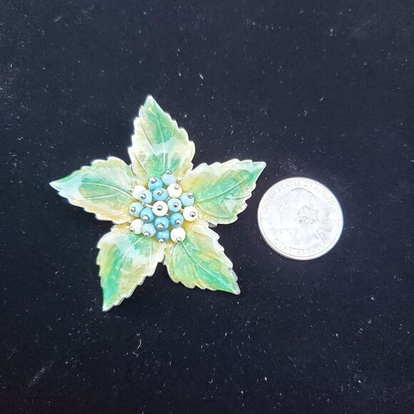 Vintage Liz Claiborne Flower Brooch Pin Enamel Beaded Green - Picture 5 of 7